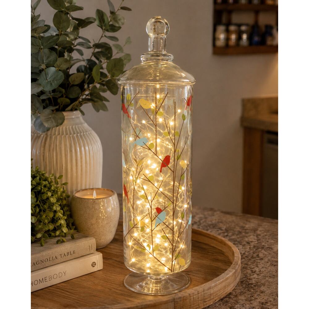 Decorative Glass Apothecary Jar Vase with Colorful Bird Branch Design & Lid